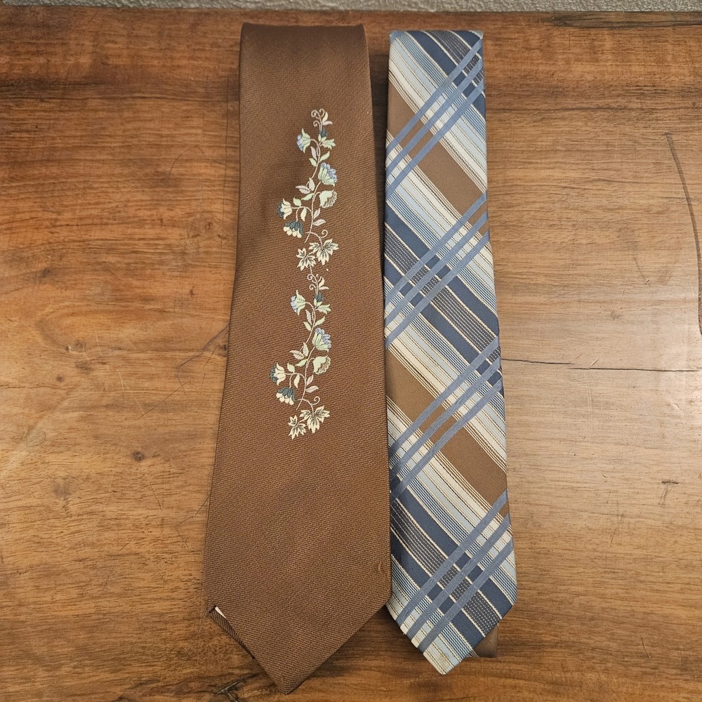 Vintage JC‎ Penny Mens Ties Lot Of 2 Brown Blue Floral Plaid 100% Polyester